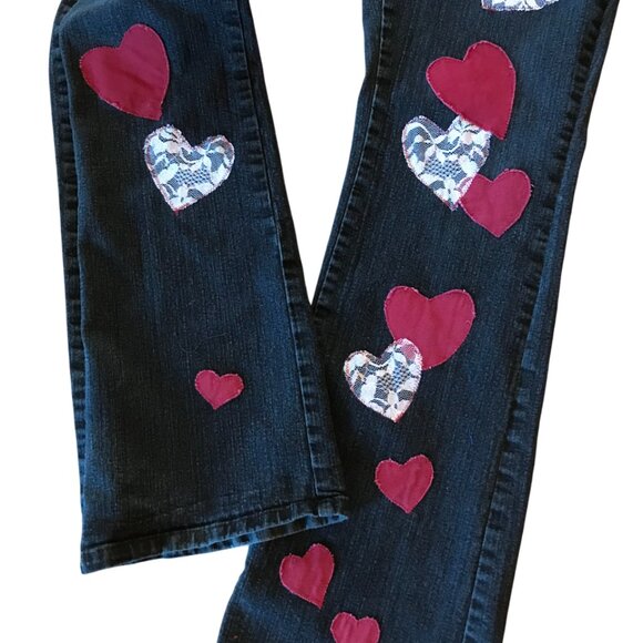Upcycled Patchwork Jeans, Size 12:  Handmade Burgundy/Lace Patches, Black Denim - Picture 5 of 13